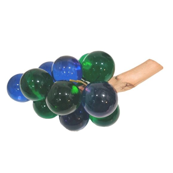 Extra Large Vintage MCM Blue Green Lucite Grapes Cluster On Wood Stem 7+" READ - Picture 2 of 11